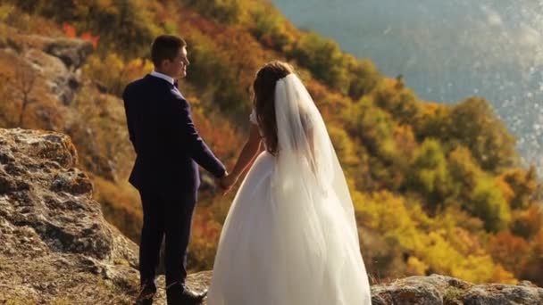 Jeune mariée aux longs cheveux bruns et son mari restant sur la colline de la montagne . — Video