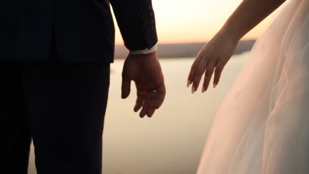 Loving couple holding hands , while watching beautiful sunset. — Stock Video