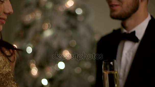 Aantrekkelijke jonge gelukkige vrouw en haar knappe vriendje samen Nieuwjaar vieren. — Stockvideo