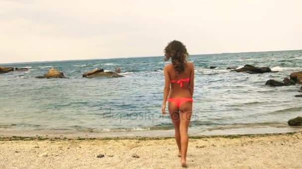 Молода леді торкається її кучеряве волосся і ходить на красивому пустельному пляжі . — стокове відео
