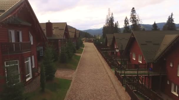 Vista aérea del dron 4K: Vuelo sobre el pueblo soleado con casas, bosques, campos y río en la luz suave del amanecer. Montañas Cárpatos, Ucrania, Europa. Majestuoso paisaje natural. Mundo de belleza . — Vídeo de stock