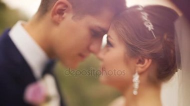 Mutlu gelin kapatın ve yavaşça sarılma ve öpüşme yaz parkta damat. Düğün çifti
