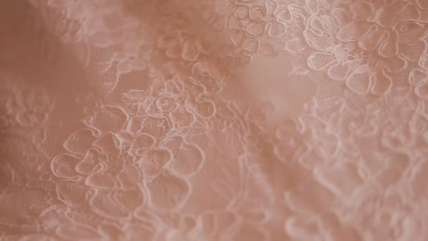 Close up of wedding cloth with lace. Wedding preparation. Wedding dress on hanger — Stock Video