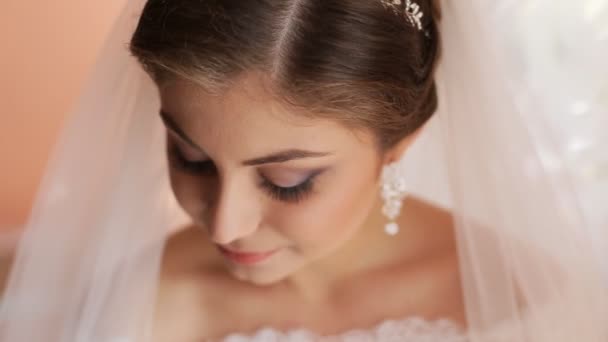 Close up retrato de noiva com belo véu nupcial antes da cerimônia de casamento — Vídeo de Stock