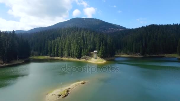 Vista aérea. Vista de cima. Vista do lago da montanha perto da floresta. Nuvens azuis. Voando sobre o lago e campos verdes — Vídeo de Stock