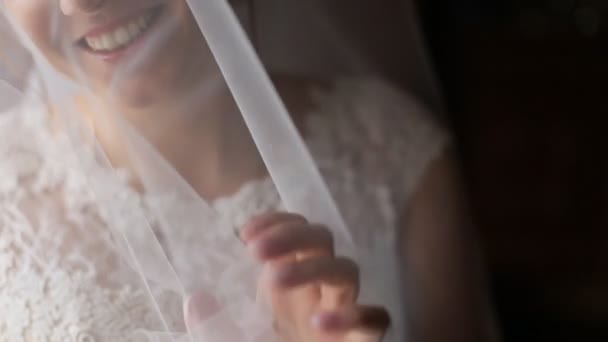 Portrait of beautiful bride with bridal veil before wedding ceremony. Close up — Stock Video