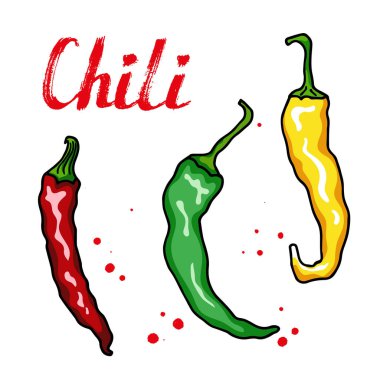 Chili peppers sebze küme. Elle çizilmiş kroki doodle vektör çizim. Anahat. İzole. Pazar, Cafe, menü, Dükkanı, tasarım tebrik kartları, poster, paket için illüstrasyon karikatür. Sağlıklı gıda
