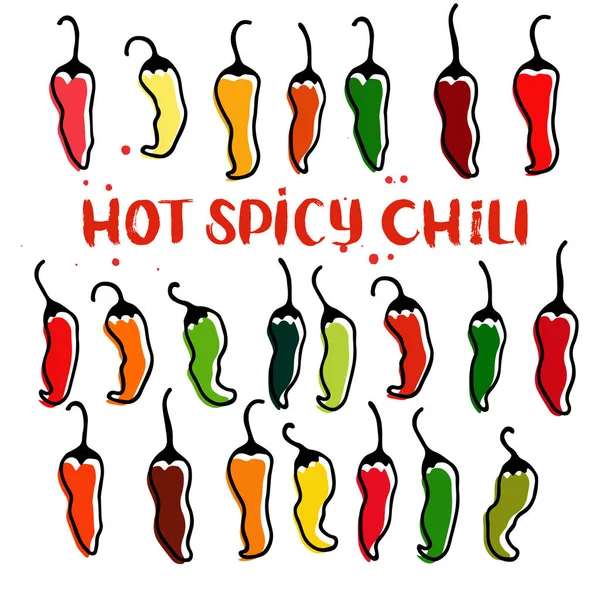 Chili peppers sebze küme. Elle çizilmiş kroki doodle vektör çizim. Anahat. İzole. Pazar, Cafe, menü, Dükkanı, tasarım tebrik kartları, poster, paket için illüstrasyon karikatür. Sağlıklı gıda