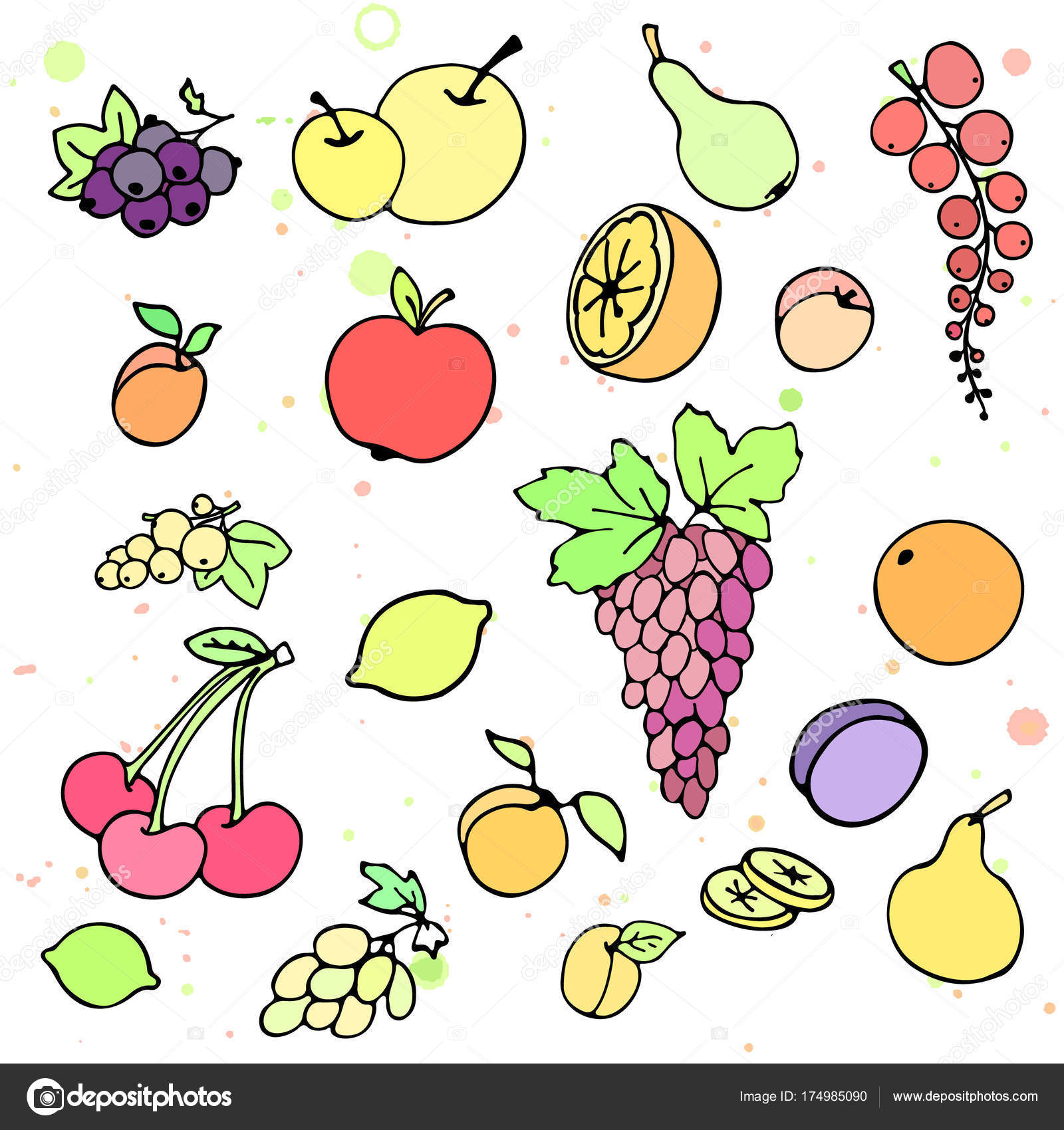 Raccolta di frutti succosi del fumetto e berry Illustrazione di vettore Set di icone di bacca e frutta colorata Isolato su bianco