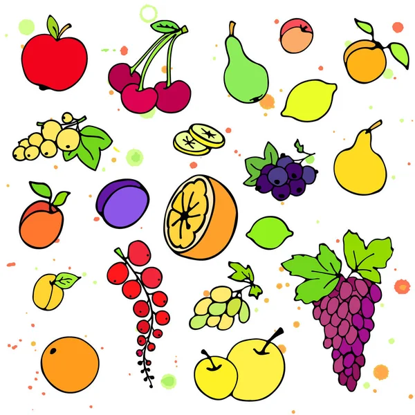 Samling av tecknad saftiga frukter och bär. Vektorillustration. Uppsättning av färgglada frukter och bär ikoner. Isolerad på vit — Stock vektor