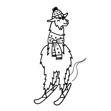 Sevimli karakter Güney Amerika lama süslemeleri ile vektör Illustration. İzole anahat karikatür bebek Lama. El çekilmiş Peru hayvan çok, alpaka, vicuna. Çizim yazdırma, kumaşlar için.