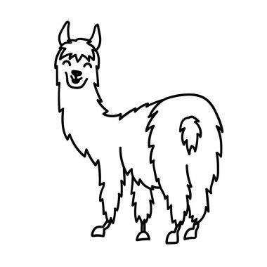 Sevimli karakter Güney Amerika lama süslemeleri ile vektör Illustration. İzole anahat karikatür bebek Lama. El çekilmiş Peru hayvan çok, alpaka, vicuna. Çizim yazdırma, kumaşlar için.