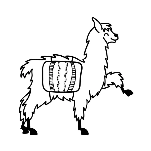 Illustrazione vettoriale di simpatico personaggio lama sudamericano con decorazioni. Isolato contorno cartone animato baby lama. Guanaco animale Perù disegnato a mano, alpaca, vicuna. Disegno per stampa, tessuto . — Vettoriale Stock