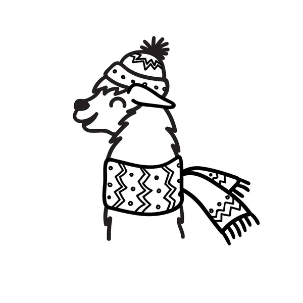 Illustration vectorielle de mignon personnage Amérique du Sud lama en chapeau d'hiver et écharpe. Isolé contour dessin animé bébé lama. Dessiné à la main Noël Pérou animal guanaco, alpaga, vicuna. Dessin pour impression . — Image vectorielle