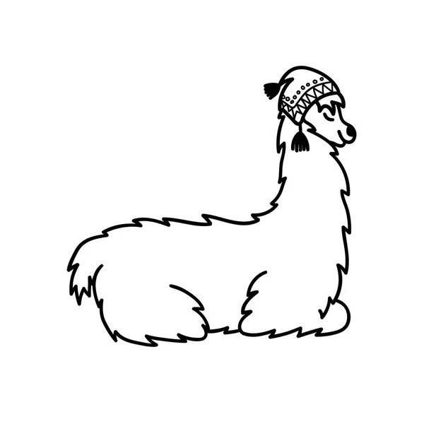 Векторная иллюстрация симпатичного южноамериканского ламы в зимней шляпе и шарфе. Изолированный контур мультяшной ламы. Ручной рисунок Рождества Перу животное гуанако, альпака, викуна. Рисунок для печати . — стоковый вектор