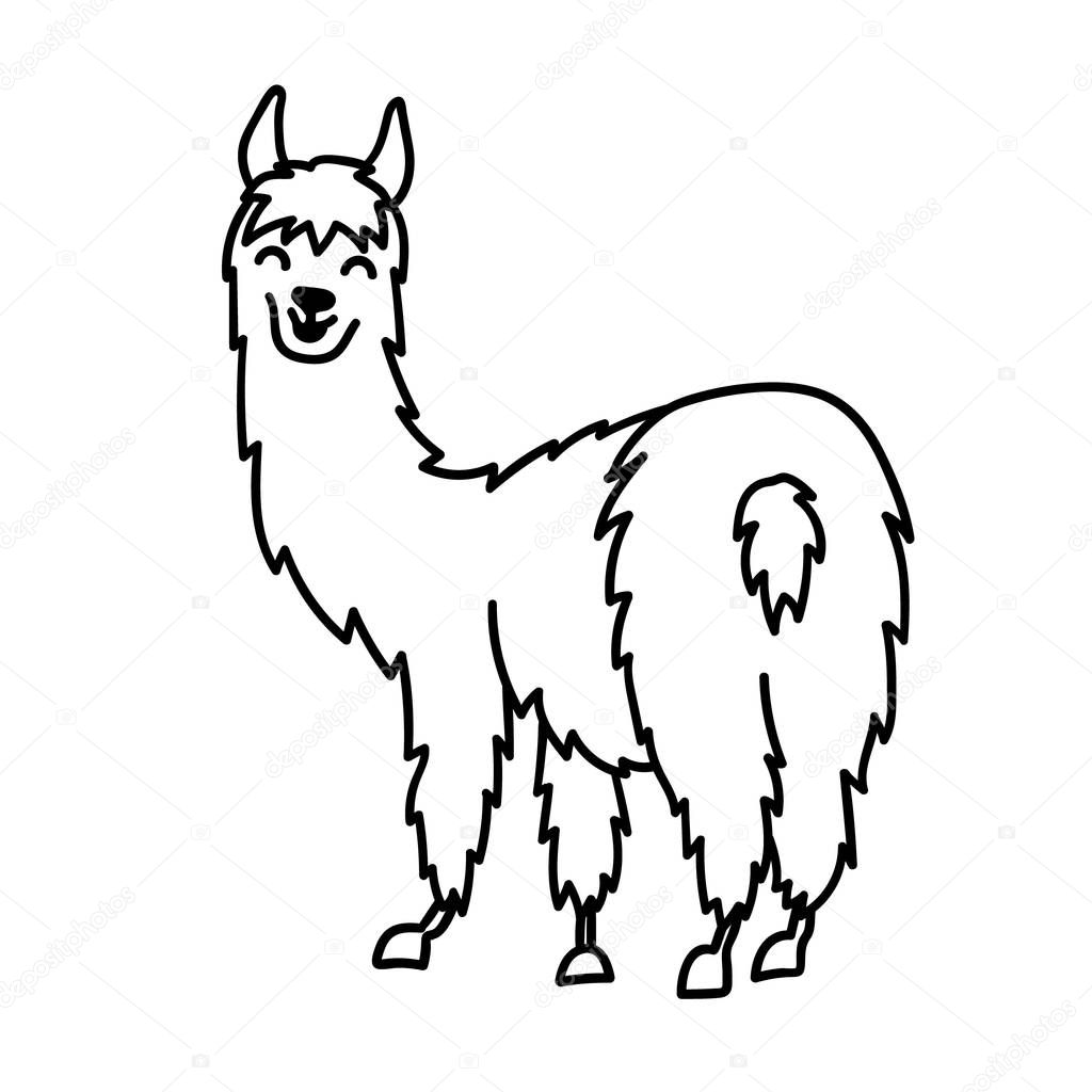 Vector illustration of cute character south America lama with decorations. Isolated outline cartoon baby llama. Hand drawn Peru animal guanaco, alpaca, vicuna. Drawing for print, fabric.