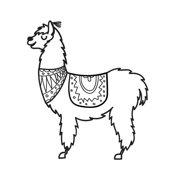 Ilustração vetorial de personagem bonito sul América lama com decorações. Isolado esboço dos desenhos animados bebê llama. Guanaco animal desenhado à mão Peru, alpaca, vicuna. Desenho para impressão, tecido . — Vetor de Stock