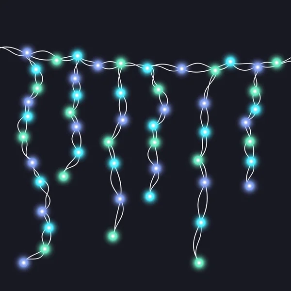 String blaue Girlande isoliert auf schwarzem Hintergrund. Vektor-Illustration von Weihnachten, Neujahrsfeier Dekoration mit Transparenz. leuchtendes Licht für das Kartendesign. Lichtgrenze — Stockvektor