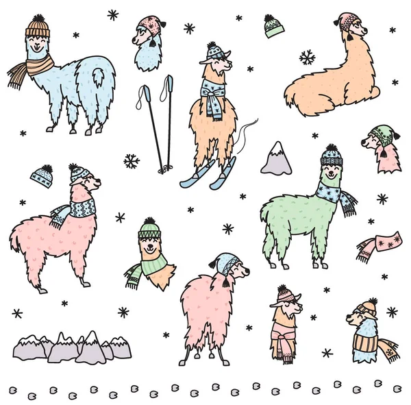 Векторный набор милый лама в зимней шляпе и шарфе — стоковый вектор