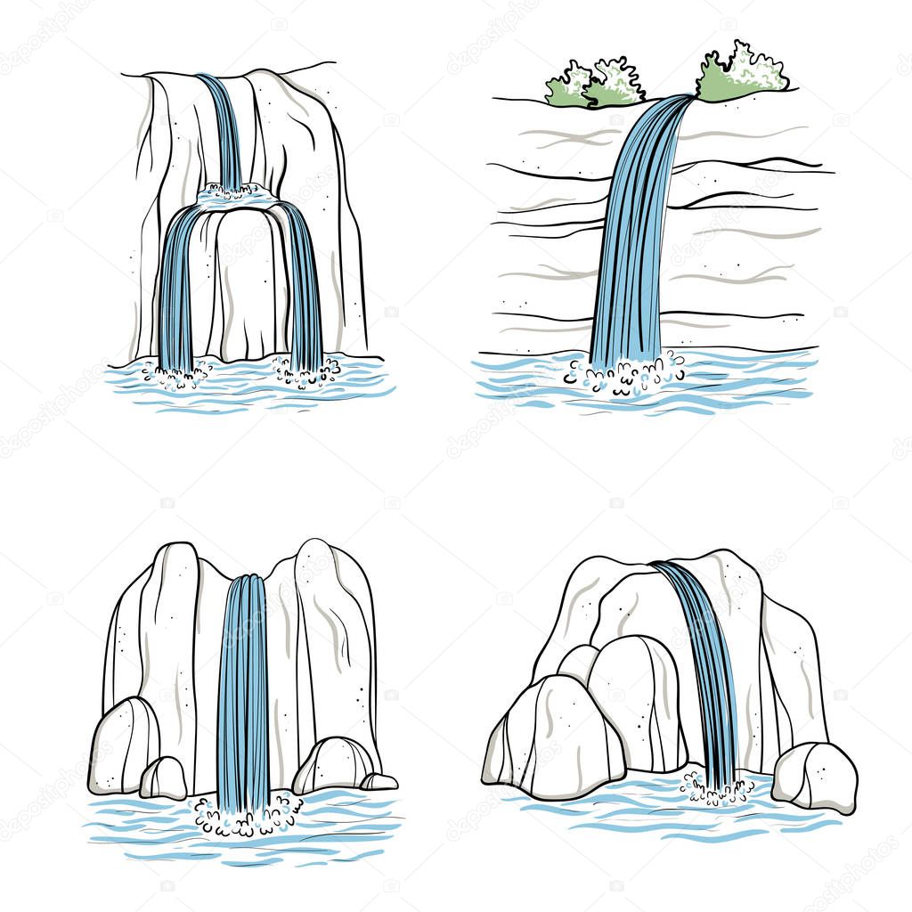 Set of vector illustration of waterfall. Water stream falling of mountain rock. Isolated outline hand drawn object. Logo, design element.