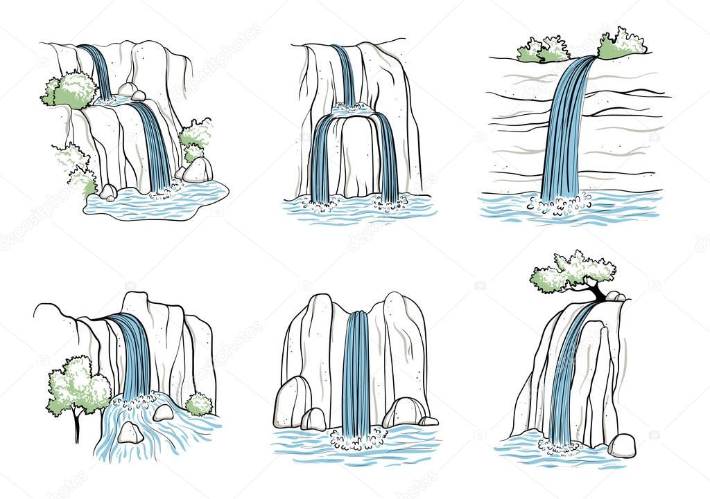 Set of vector illustration of waterfall. Water stream falling of mountain rock. Isolated outline hand drawn object. Logo, design element.