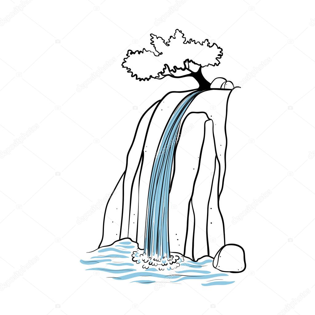 Vector illustration of waterfall. Water stream falling of mountain rock. Isolated outline hand drawn object. Logo, design element.
