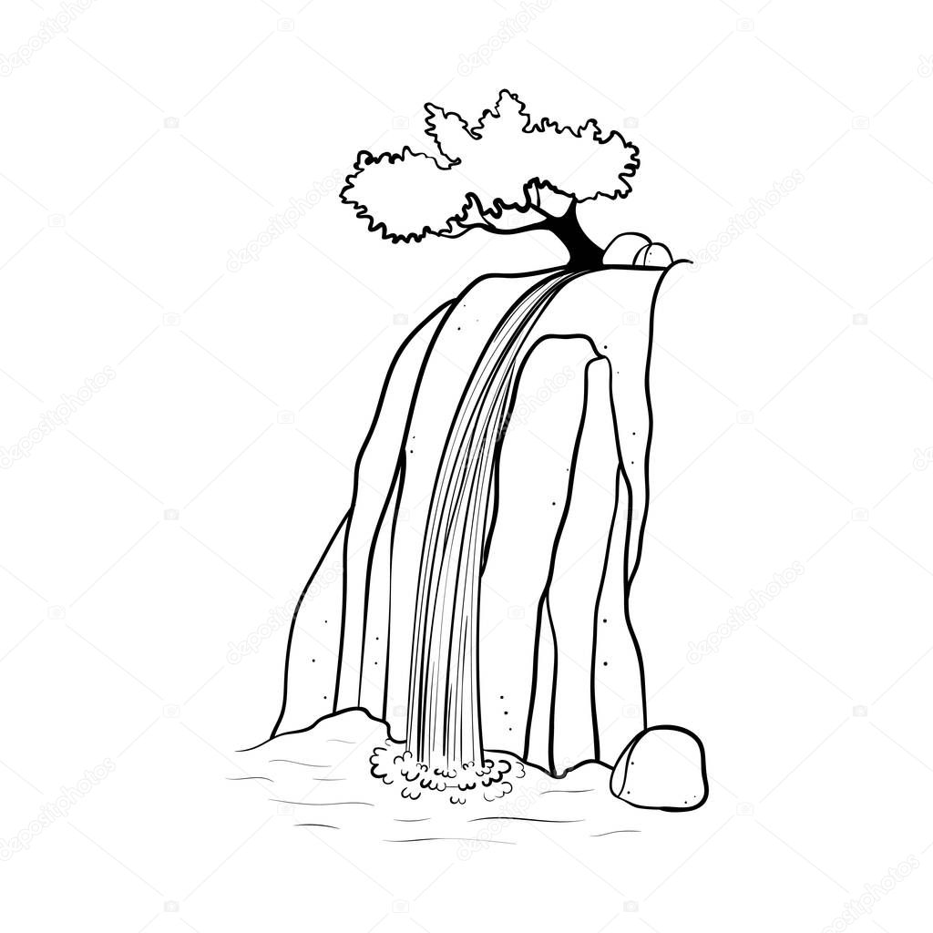 Vector illustration of waterfall. Water stream falling of mountain rock. Isolated outline hand drawn object. Logo, design element.