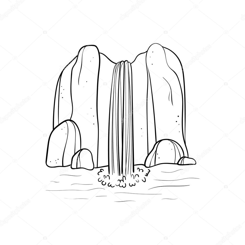 Vector illustration of waterfall. Water stream falling of mountain rock. Isolated outline hand drawn object. Logo, design element.