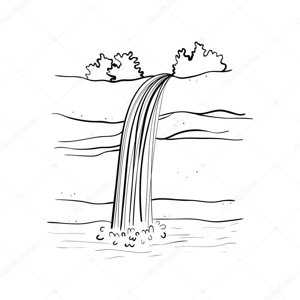 Vector illustration of waterfall. Water stream falling of mountain rock. Isolated outline hand drawn object. Logo, design element.