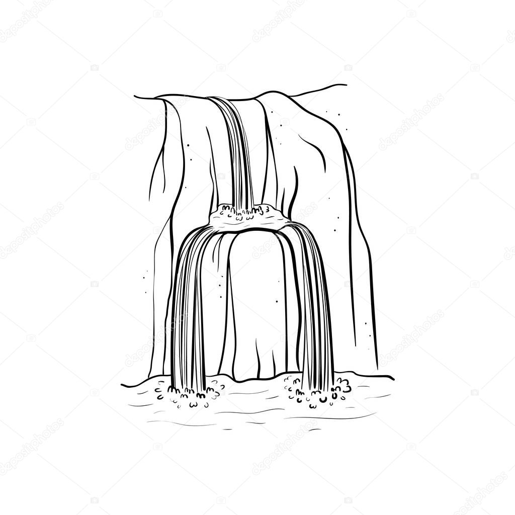 Vector illustration of waterfall. Water stream falling of mountain rock. Isolated outline hand drawn object. Logo, design element.