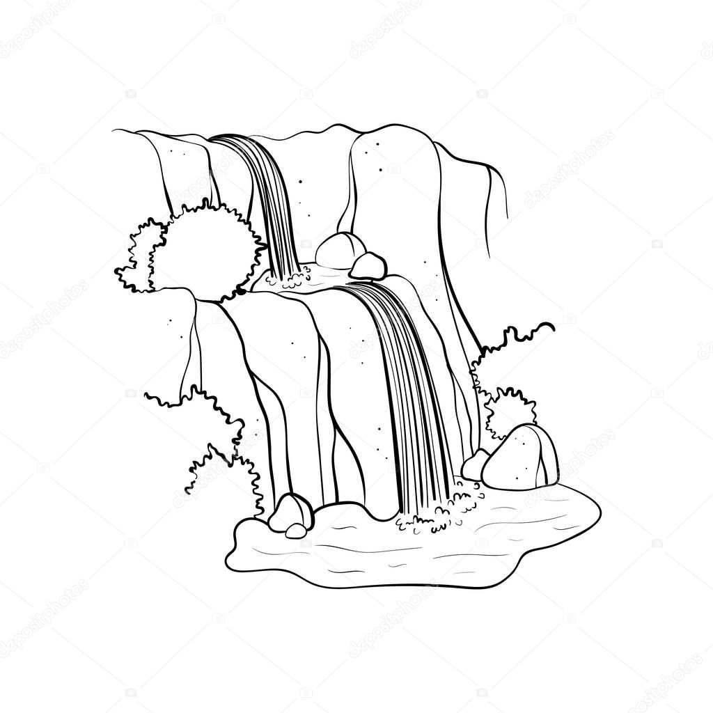 Vector illustration of waterfall. Water stream falling of mountain rock. Isolated outline hand drawn object. Logo, design element.