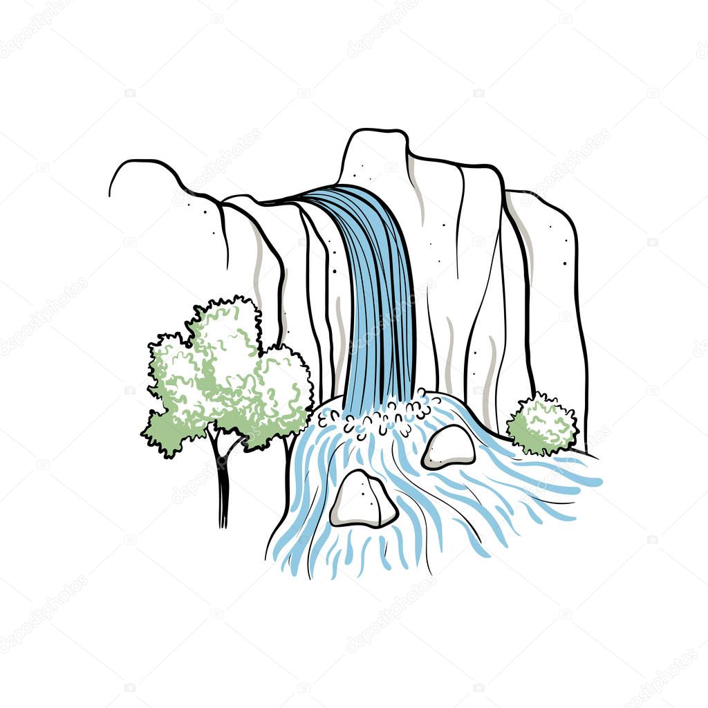 Vector illustration of waterfall. Water stream falling of mountain rock. Isolated outline hand drawn object. Logo, design element.
