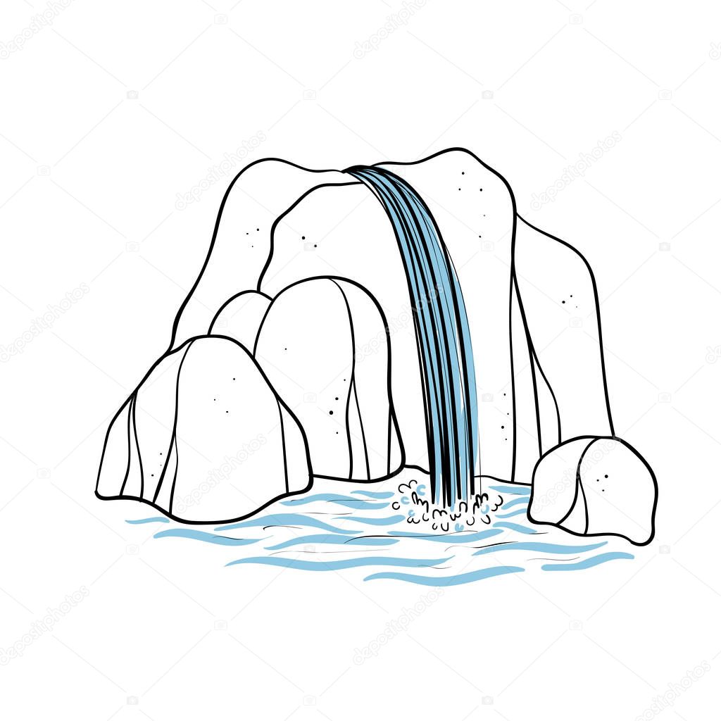 Vector illustration of waterfall. Water stream falling of mountain rock. Isolated outline hand drawn object. Logo, design element.