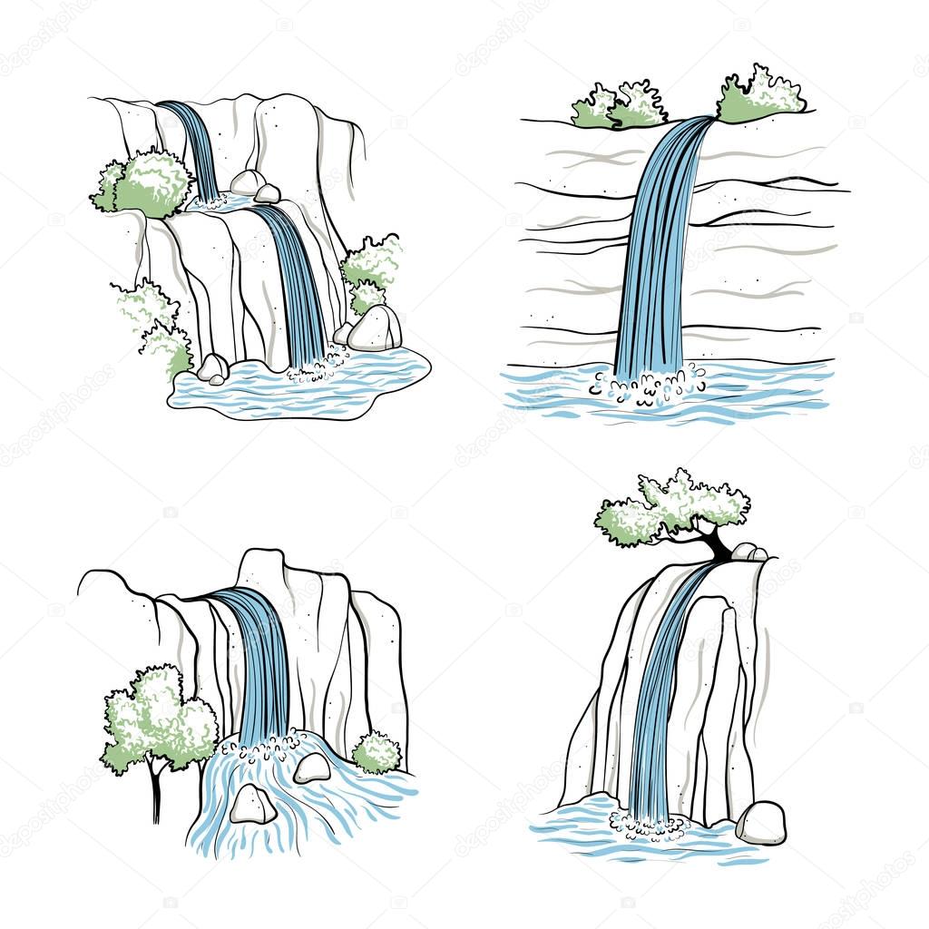 Set of vector illustration of waterfall. Water stream falling of mountain rock. Isolated outline hand drawn object. Logo, design element.