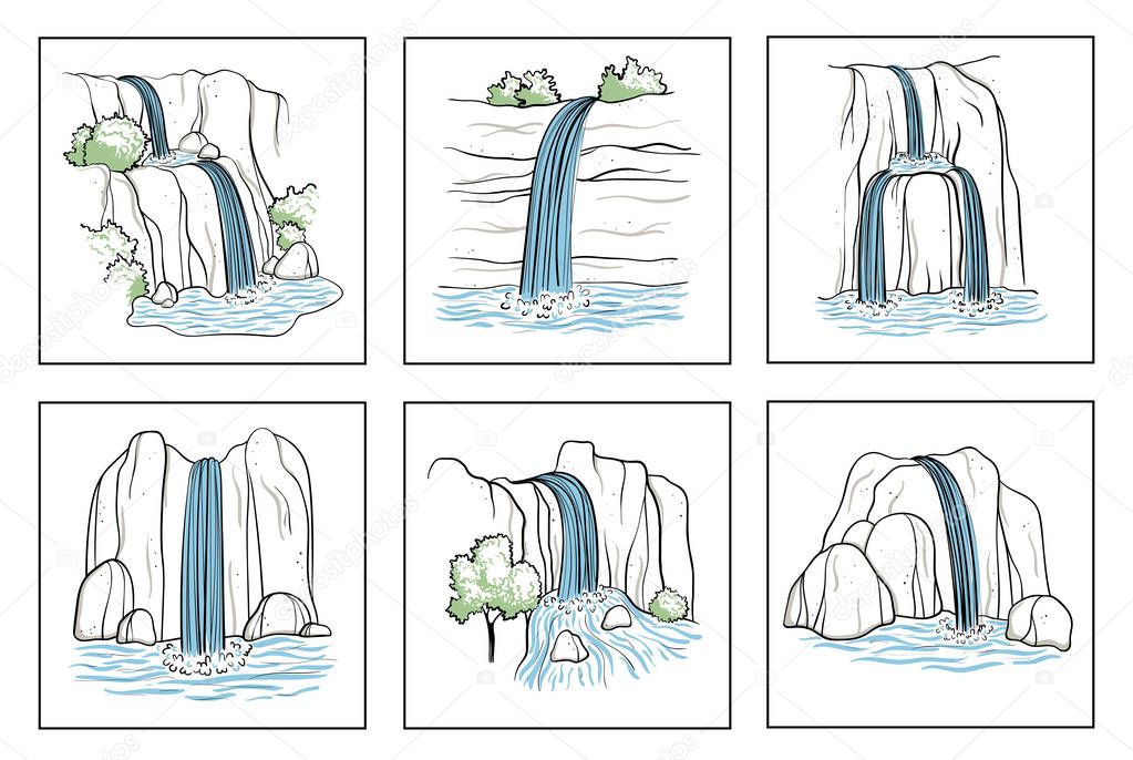 Set of vector illustration of waterfall. Water stream falling of mountain rock. Isolated outline hand drawn object. Logo, design element.