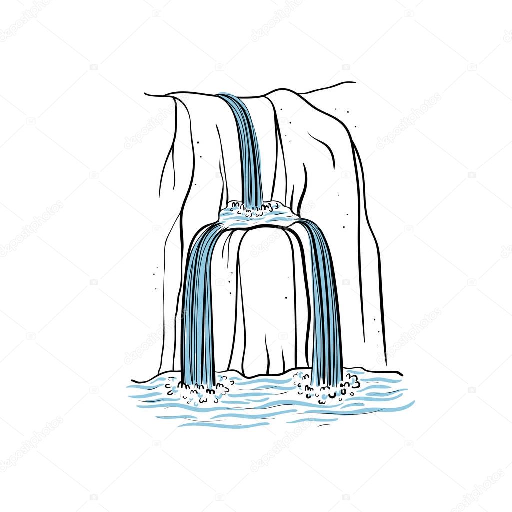 Vector illustration of waterfall. Water stream falling of mountain rock. Isolated outline hand drawn object. Logo, design element.
