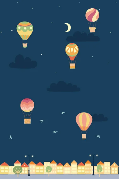Paesaggio notturno vettoriale con palloncini d'aria e città — Vettoriale Stock