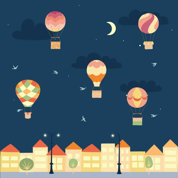 Paisaje nocturno vectorial con globos aerostáticos y ciudad — Vector de stock