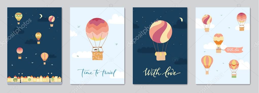Set of cards with hot air balloons