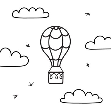 Vektör anahat sıcak hava balonu, bulut, kuş