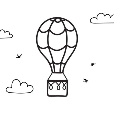 Vektör anahat sıcak hava balonu, bulut, kuş