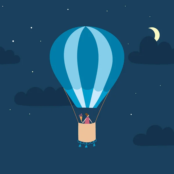 Vektor Heißluftballon mit Passagier in der Nacht — Stockvektor