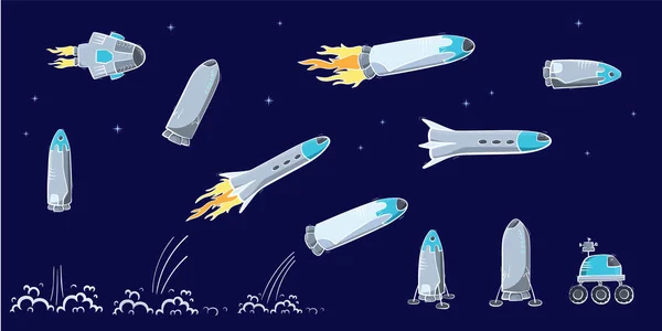 Serie di illustrazioni vettoriali di astronave, razzo — Vettoriale Stock