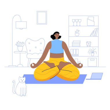 Mutlu kadın evinde evinde bilgisayarı kedisiyle birlikte yoga egzersizleri yapıyor. Yetişkin kadın çizgi film karakteri. Düz renkli vektör çizimi. Poster ve afiş için sağlıklı yaşam tarzı konsepti