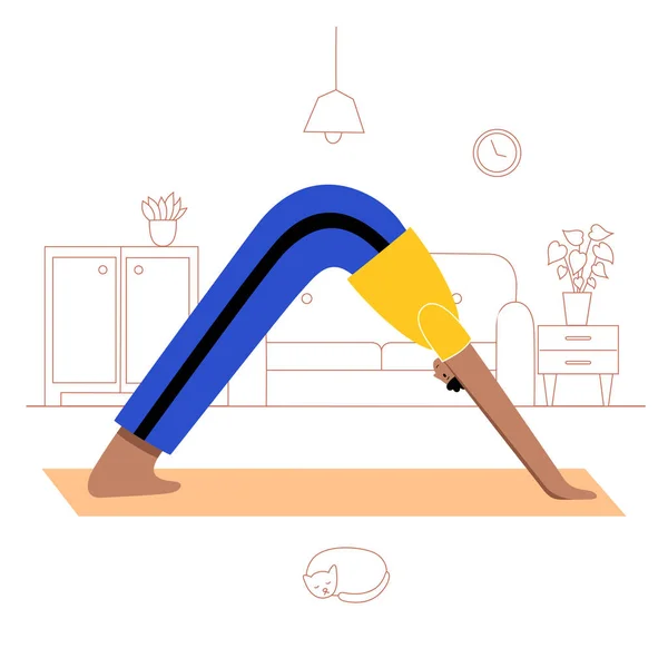 Happy Man Voert Online Yoga Oefening Thuis Een Kamer Met — Stockvector