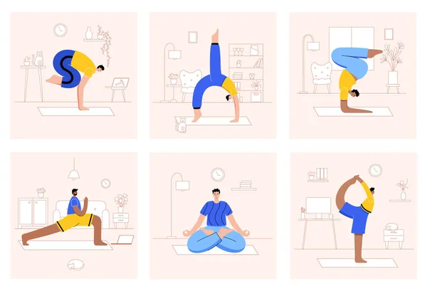 Conjunto Hombres Realizando Ejercicios Yoga Casa Trabajo Distintas Posturas Aisladas — Archivo Imágenes Vectoriales