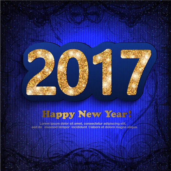 The gold glitter New Year 2017 in modern style on a magic winter dark  blue background — Stock Vector