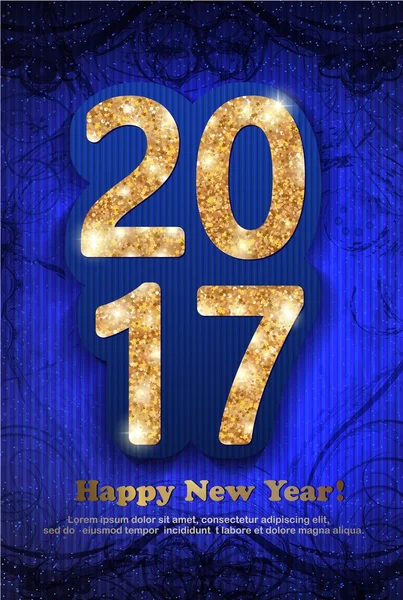 El brillo dorado Año Nuevo 2017 en estilo moderno sobre un fondo azul oscuro de invierno mágico — Vector de stock