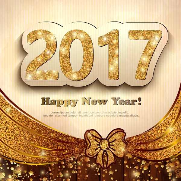 The gold glitter New Year 2017 in modern style on a magic luxury wooden background — Stock Vector