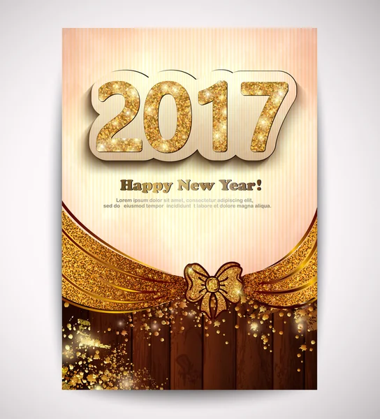 Guld glitter nyår 2017 flyer i modern stil på en magiska lyx trä bakgrund — Stock vektor